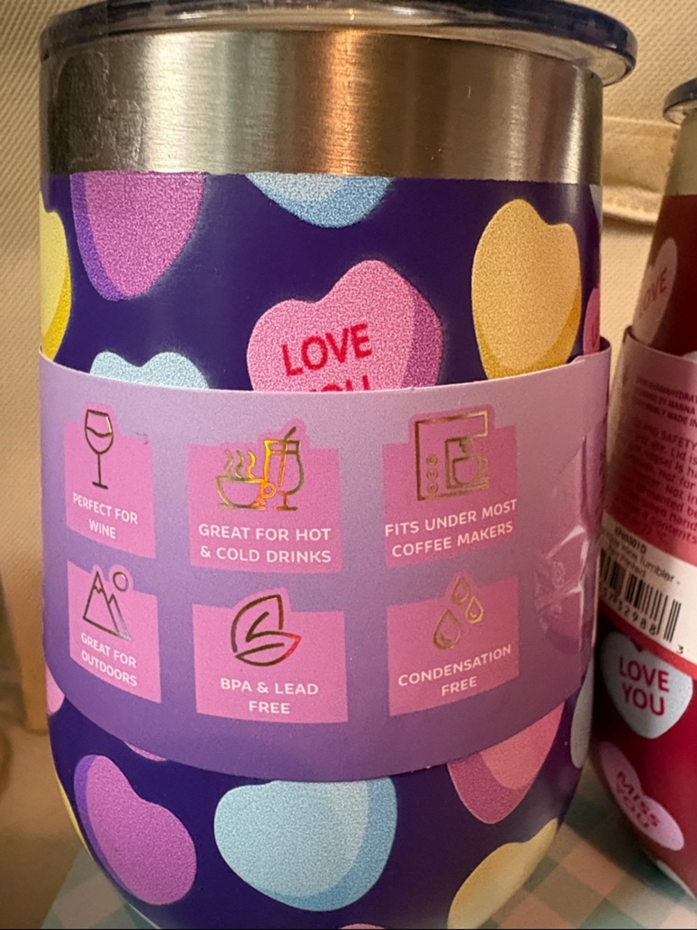Manna Stainless Steel Wine Tumblers - Purple & Red Conversation Hearts - Picture 4 of 9